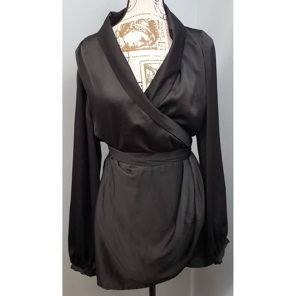 Vici Wrap Dress Womens Large Black Satin Long Sleeve Tie Waist Boho Chic Career